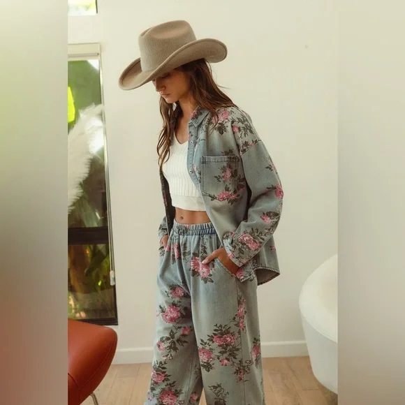 Denim floral washed button shirt elastic waist wide leg boho bohemian pant set - Picture 6 of 11